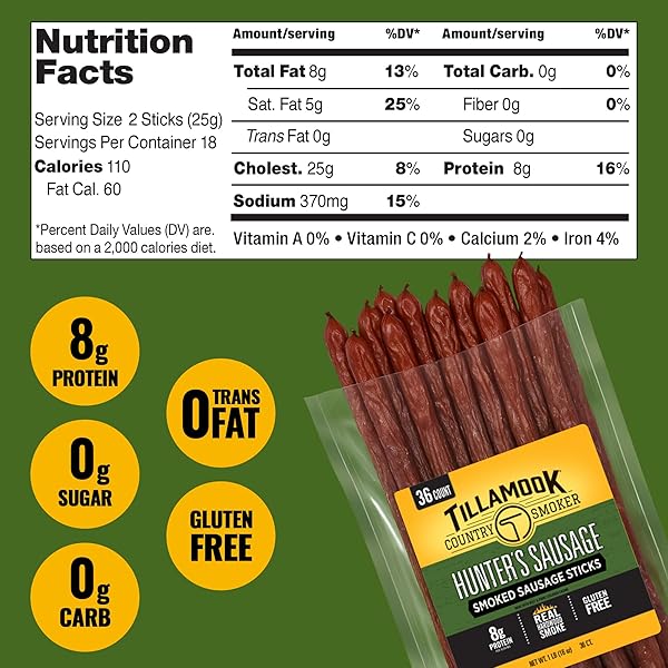 TILLAMOOK COUNTRY SMOKER REAL HARDWOOD SMOKED SAUSAGES, HUNTER’S SAUSAGE MEAT STICKS, LOW CARB, HIGH PROTEIN, READY TO EAT SNACKS, 36 COUNT BULK PACK