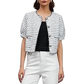 Ladyful Summer Cropped Tweed Jacket for Women Puff Short Sleeve Lightweight Tweed Blazer Button Down Work Cardigan Coat
