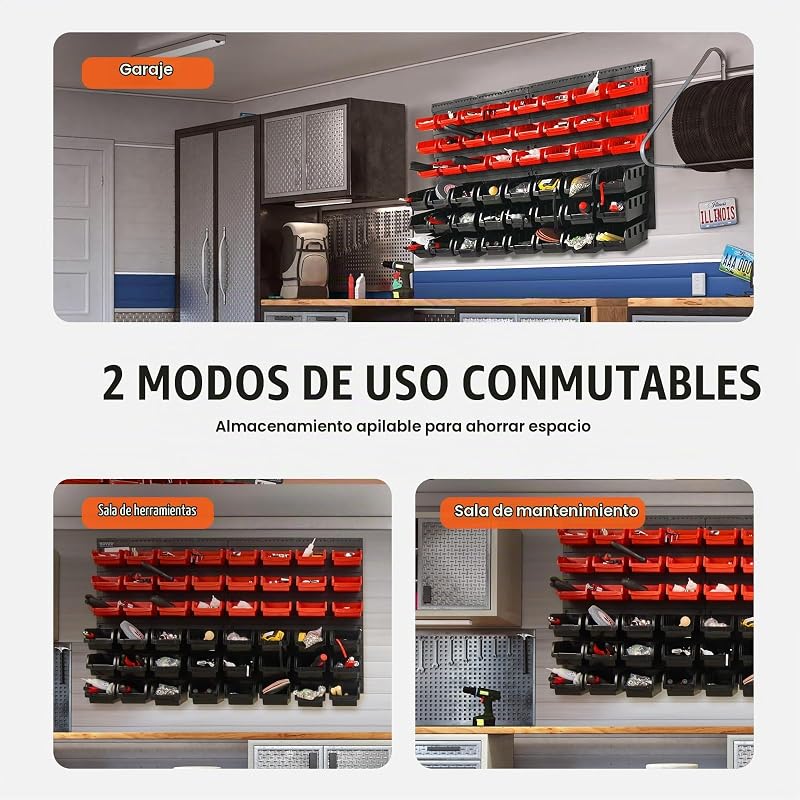 Prateleira de plástico 48 caixas de armazenamento para oficina de garagem com painéis de parede organizador de ferramentas para porcas, parafusos, parafusos, pregos, botões, pequenas peças, preto/vermelho