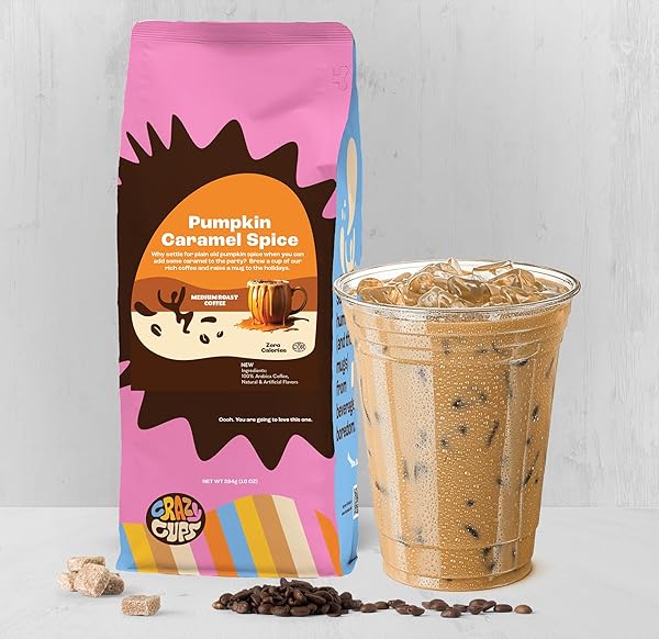 CRAZY CUPS FLAVORED GROUND COFFEE, PUMPKIN CARAMEL, IN 10 OZ BAG, FOR BREWING FLAVORED HOT OR ICED COFFEE