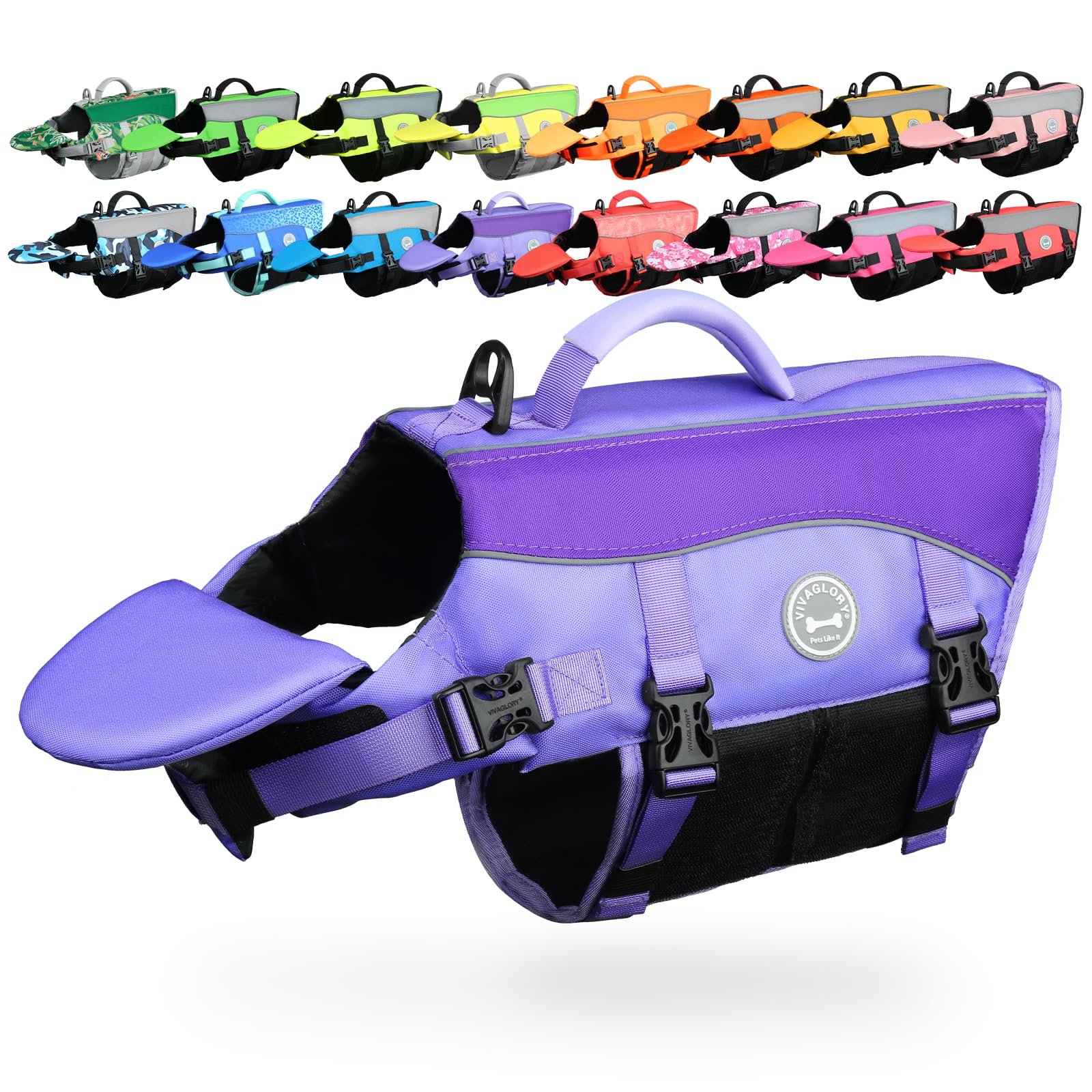 VIVAGLORY Front Float Dog Life Vest, Dog Life Jacket for Swimming & Boating, Swimming Vest with Chin Float & Handle, Ripstop & Buoyancy for Puppy Doggy, L, Purple Image