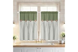 ASPMIZ Boho Linen Kitchen Curtains 36 Inch Length, Farmhouse Kitchen Window Curtain Over Sink, Green Stripe Short Curtains for Small Windows, Bathroom, Rod Pocket Window Treatment Tiers with Button
