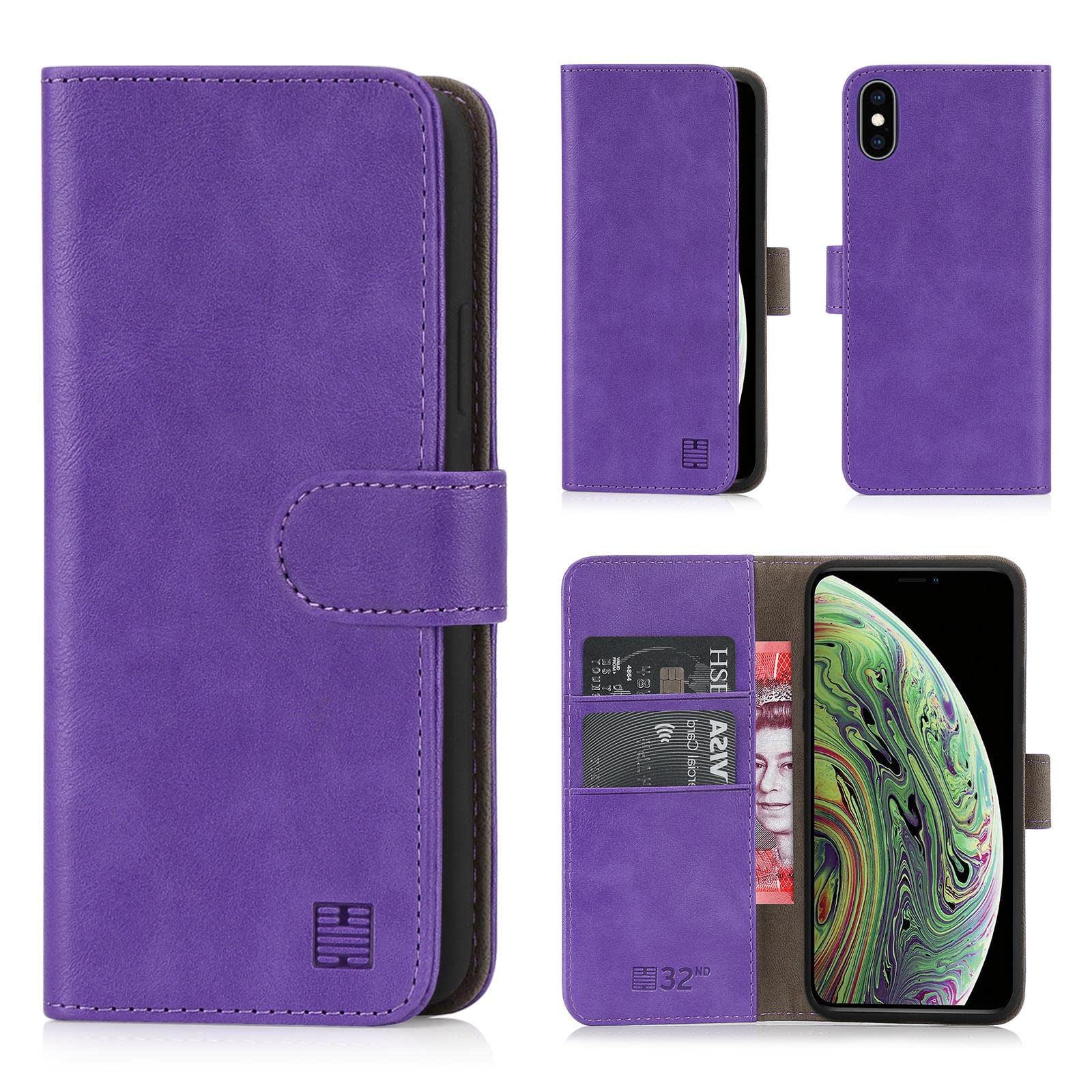 32nd Book Wallet PU Leather Flip Case Cover For Apple iPhone X & iPhone XS, Design With Card Slot and Magnetic Closure - Purple