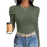 ANRABESS Womens Puff Long Sleeve Shirts Fall Trendy Tops | Crewneck Ribbed Knit Fitted T Shirts, Work Casual Tees, Comfy Stretchy, Business Outfits, 2026 Winter Fashion Clothing