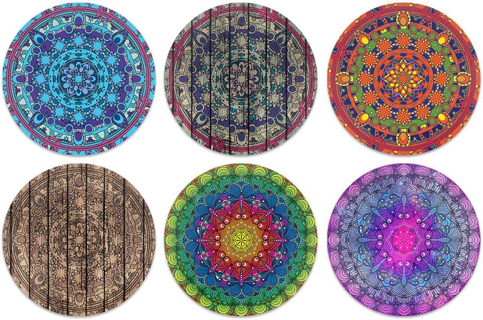CARIBOU Coasters , Bohemian Classic Design Absorbent ROUND Fabric Felt Neoprene Coasters for Drinks, 6pcs Set