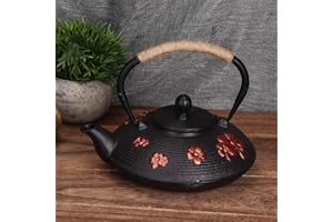 Yctze 0.9L Red Oriental Cherry Pattern Classic Cast Iron Teapot - Ergonomic Copper Handle, Traditional Design, Ideal for Home