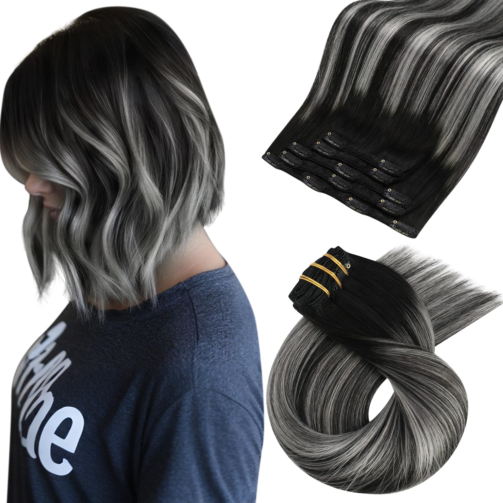 Moresoo Clip in Hair Extensions Real Human Hair Black Ombre to Silver Clip in Human Hair Extensions 10 Inch Remy Straight Hair 5 Pieces/80g #1B/S/1B
