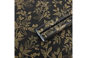 Heroad Peel and Stick Wallpaper Black and Gold Contact Paper Modern Floral Wallpaper Leaf Removable Contact Paper for Cabinets and Drawers Badroom Vinyl Roll Self-Adhesive Waterproof 17.3" x 78.7"