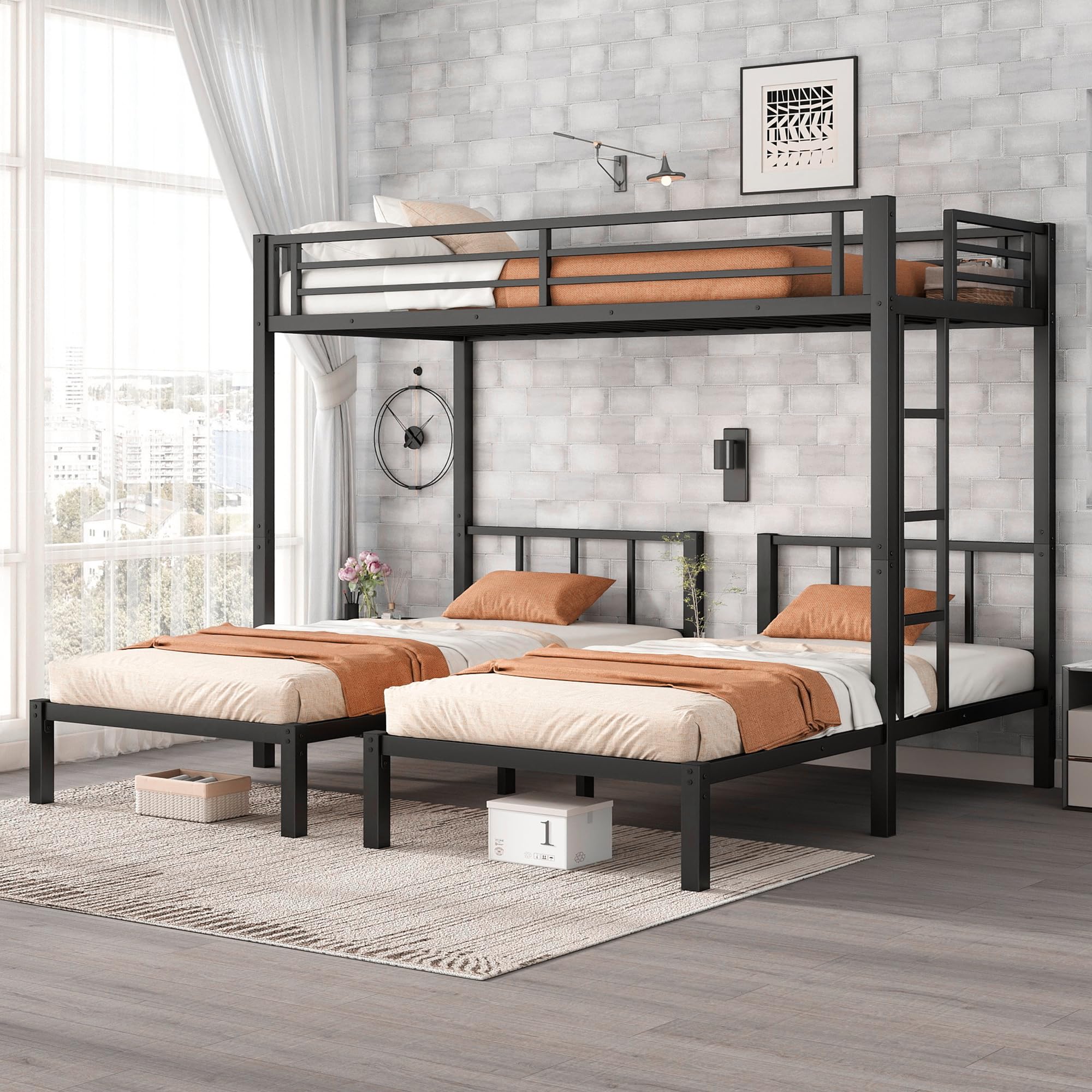 Photo 1 of **SELLING FOR PARTS AS PARTIAL SET **Bellemave Triple Bunk Bed for Kids, Detachable Metal Twin Over Twin Over Twin Bunk Bed with Guardrails, Built-in Ladder, Shelf, Converts to 3 Separate Twin Beds, Easy Assembly (Black)