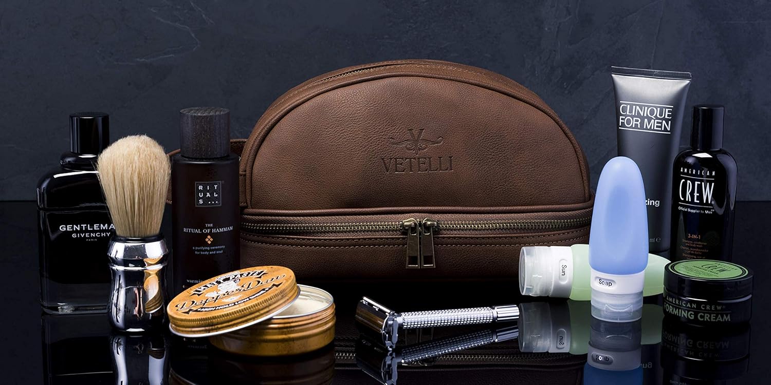 Vetelli Leather Toiletry Bag For Men. Our Dopp Kit Comes With 2 Silicone Travel Bottles And Is A Perfect Gift And Travel Accessory: Clothing