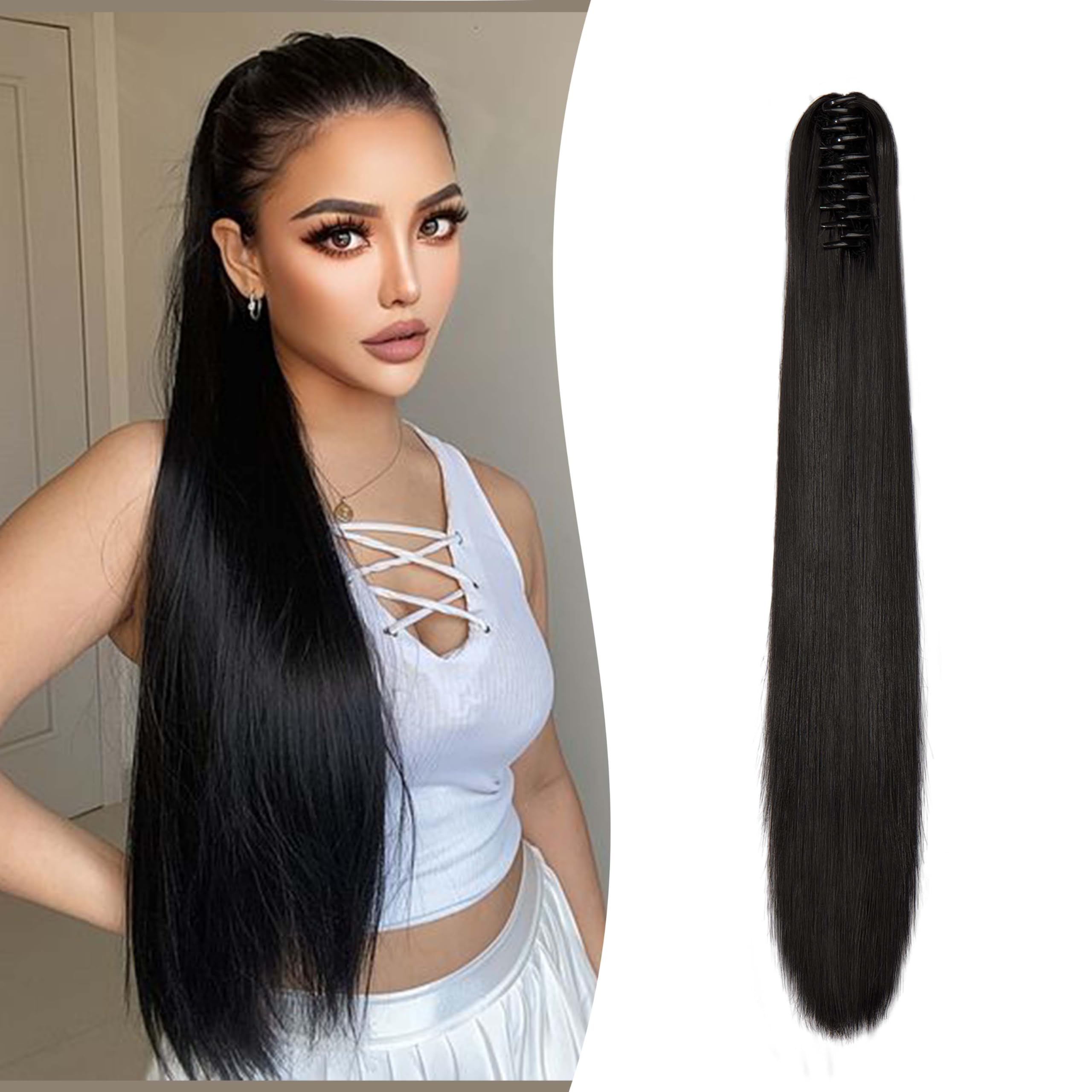 Gairyan Clip in Ponytail Hair Extensions 24 inch Ponytail Extension Long Straight Pony Tails Claw on Ponytail Synthetic Hairpieces for Women Soft Natural Look (Natural Black)