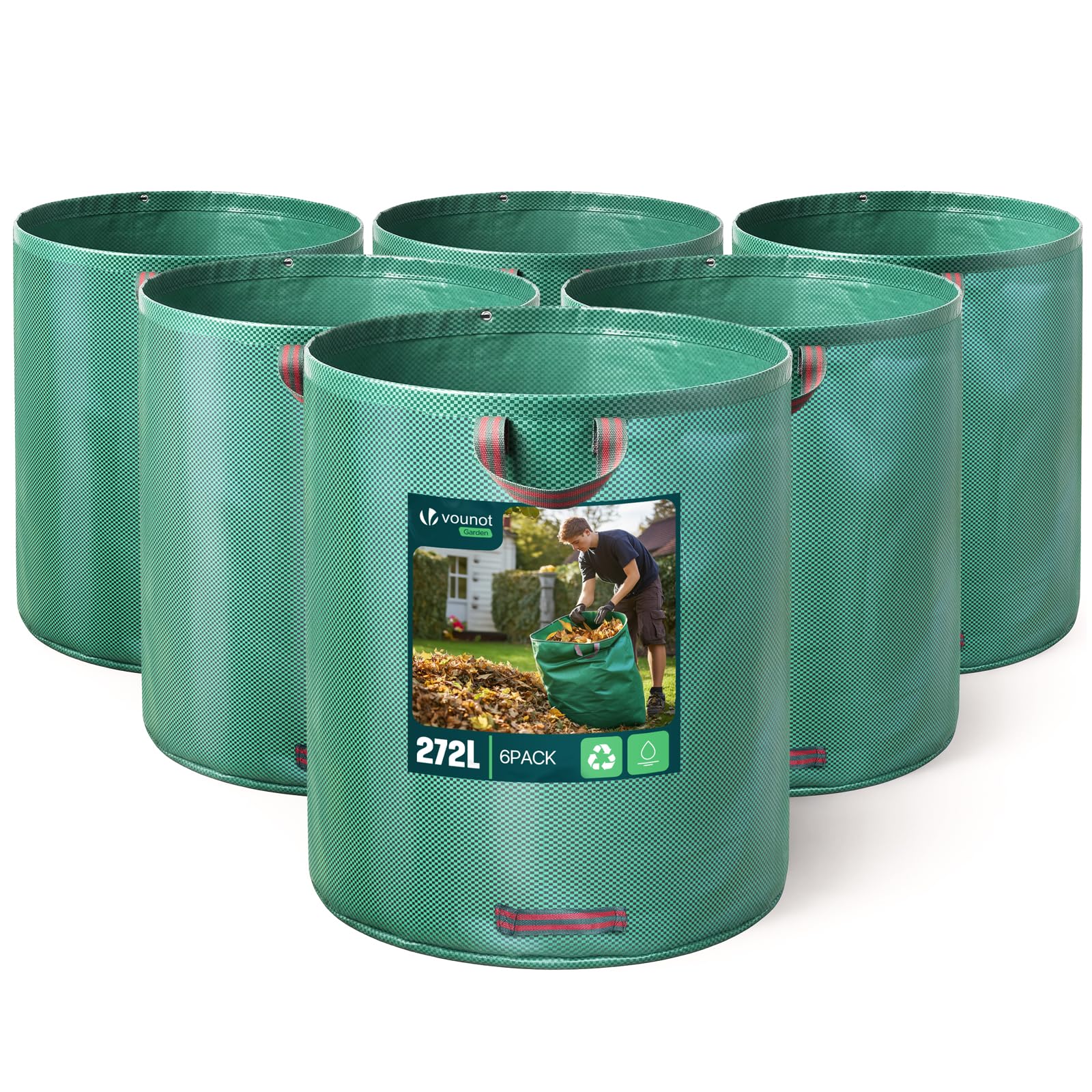 VOUNOT® 6 Pack Garden Waste Bags 272L, Heavy Duty Reusable Garden Rubbish Sacks, Industrial Handles & Fabric, Tear-Resistant Yard Refuse Bags, Green