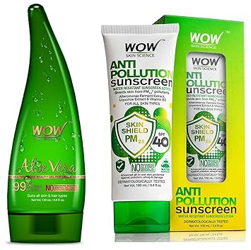 WOW Aloe Vera Multipurpose Beauty Gel for Skin and Hair, 130ml & Anti Pollution SPF40 Water Resistant No Parabens & Mineral Oil Sunscreen Lotion, 100mL Combo