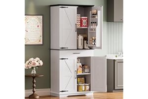 IRONCK Farmhouse Kitchen Pantry Cabinet, Tall Storage Cabinet with 6 Hanging Shelves and Adjustable Shelves, Freestanding Cupboard with Barn Doors for Kitchen, Dining Room，White/Black