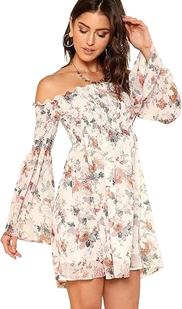 Romwe Women's Casual Floral Print Off Shoulder Trumpet Sleeve Swing Dress