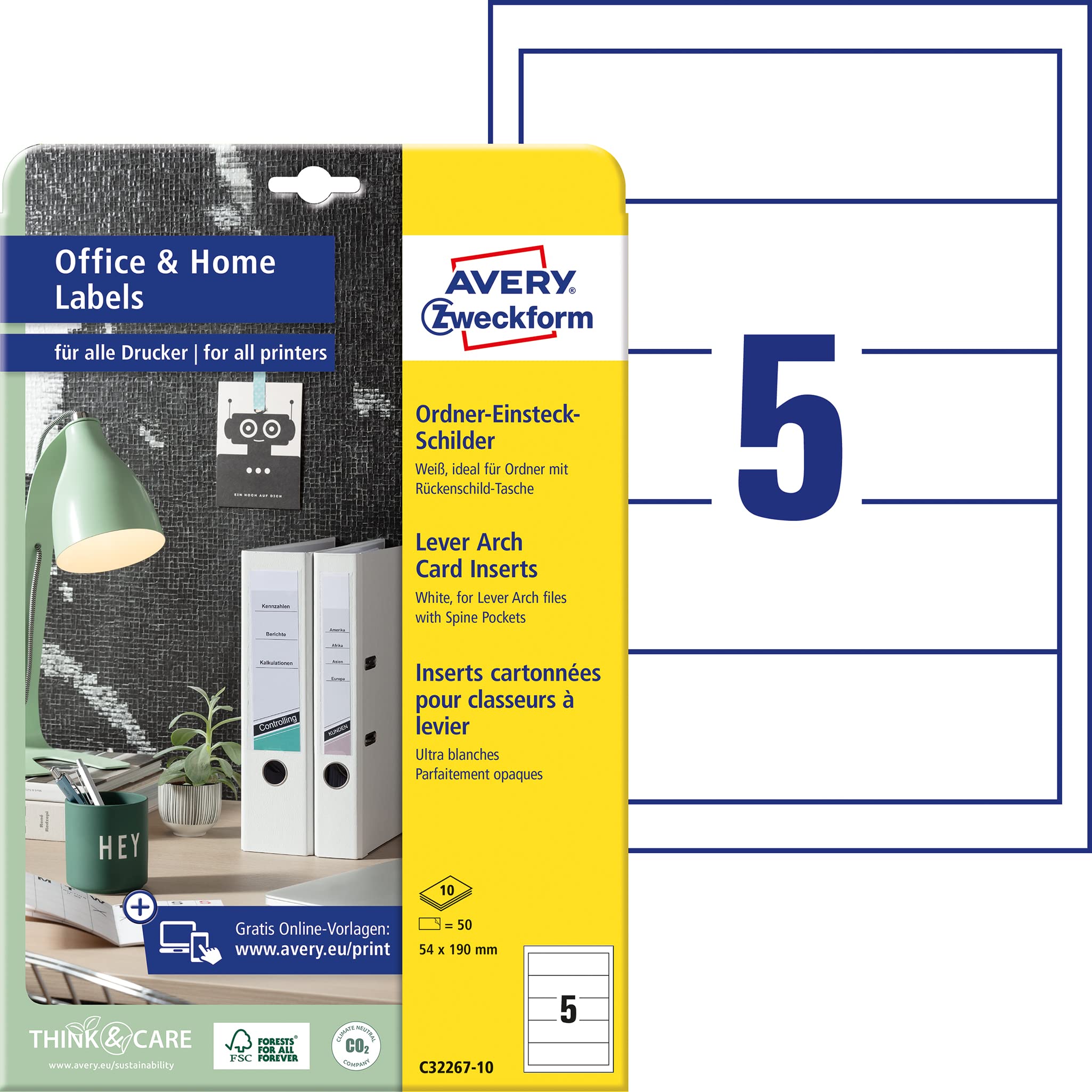 AVERY Zweckform C32267-10 Folder Spine Insertion Labels (50 Spine Labels, 54 x 190 mm on A4, Printable, for Inserting Wide/Short Folders, Micro Perforation, for Home Office) 10 Sheets, White