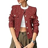 COCCKO Women's Tweed Blazers Trendy Fall Casual Collarless Button Down Sequin Tops Cropped Jackets with Pockets