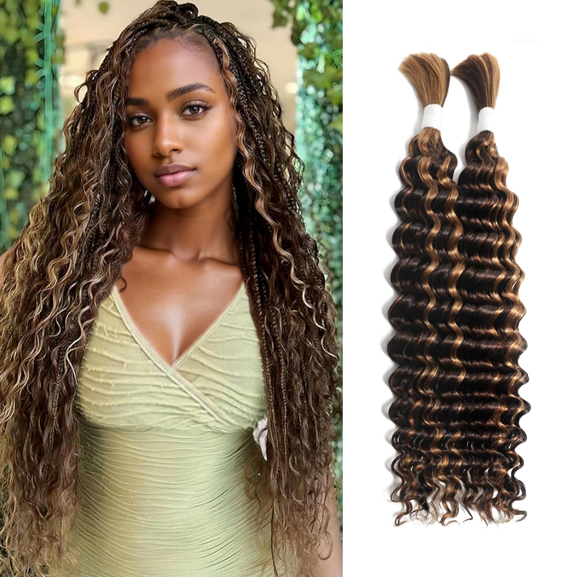 VRbeatter Deep Wave Bulk Human Hair for Braiding 10A Brazilian Curly Human Hair 100% Human Hair 2 Bundles No Weft micro Human Braiding Hair for Boho Braids Virgin Hair Extension(P4-30#, 100g 20") โ image 1