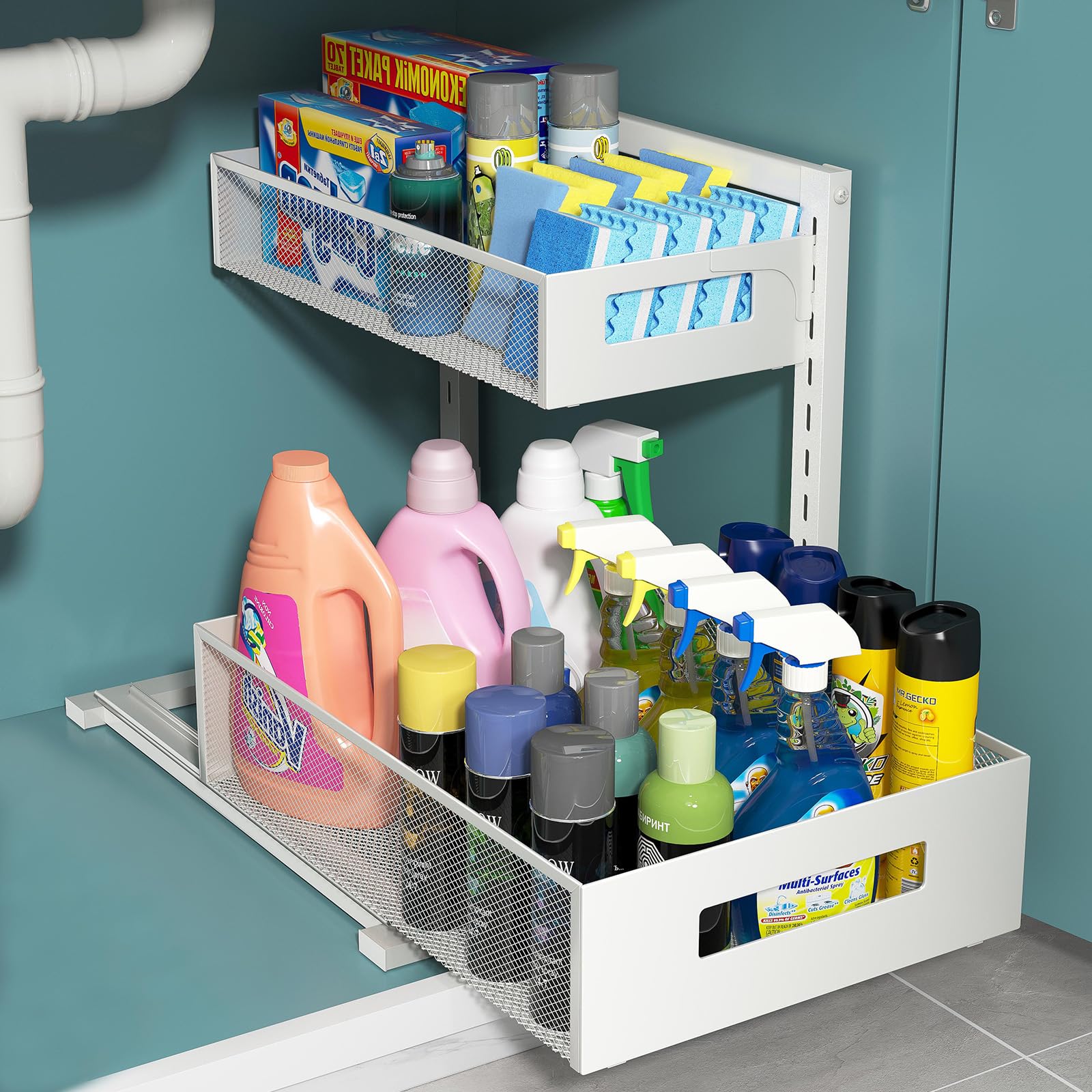 TISTAYA Pull-out Under Kitchen Sink Organizer, Metal Functional Under Sink Organizer, Height Adjustable Under Bathroom Sink Organizer, Under Sink Storage for Kitchen Bathroom Cabinet (White) Image