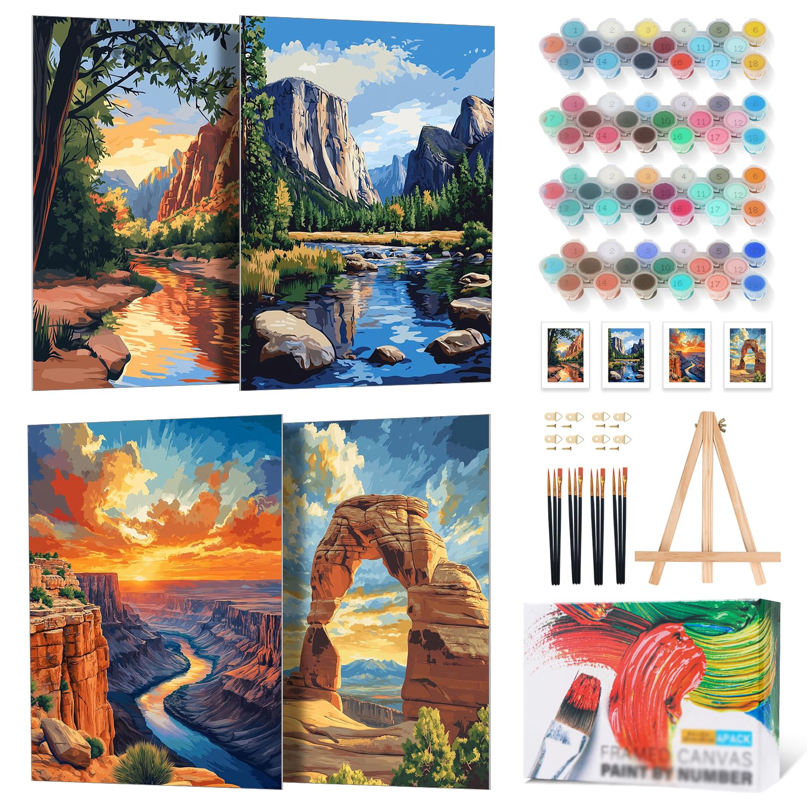 Photo 1 of 4 Pack Framed Paint by Numbers Kit for Adults Beginner with Wooden Easel, National Park Paint by Number Kits with Frame, DIY Acrylic Landscape Painting by Numbers for Home Wall Decor Gift 8x12 inch