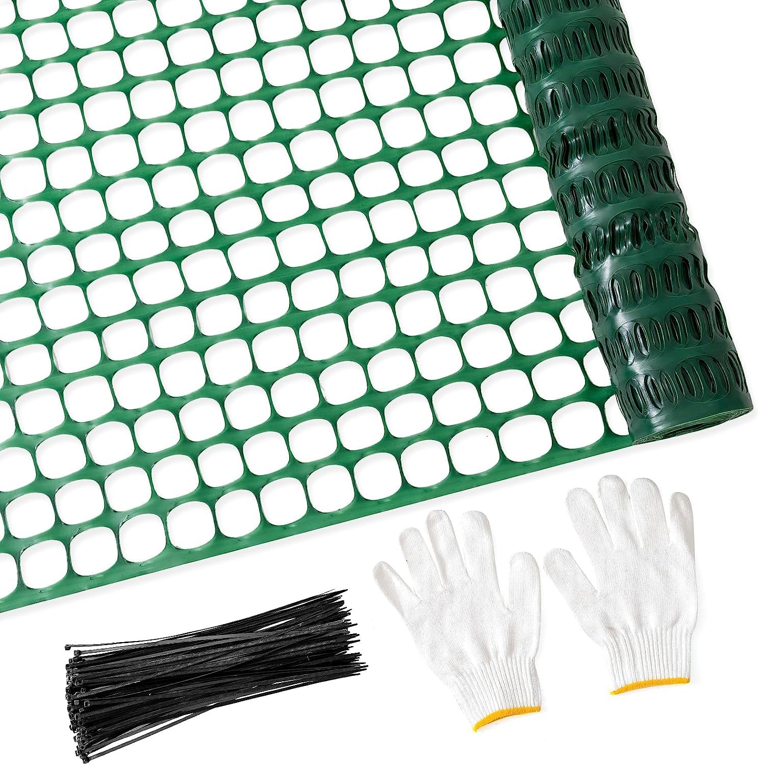 Photo 1 of PotatoLife Plastic Mesh Fence Safety Fence, 4'x100' Roll with 100 Zip Ties, Resuable Temporary Netting for Garden Fencing, Construction, Snow Fencing, Animal Barrier, Poultry, Deer, Patio, Green