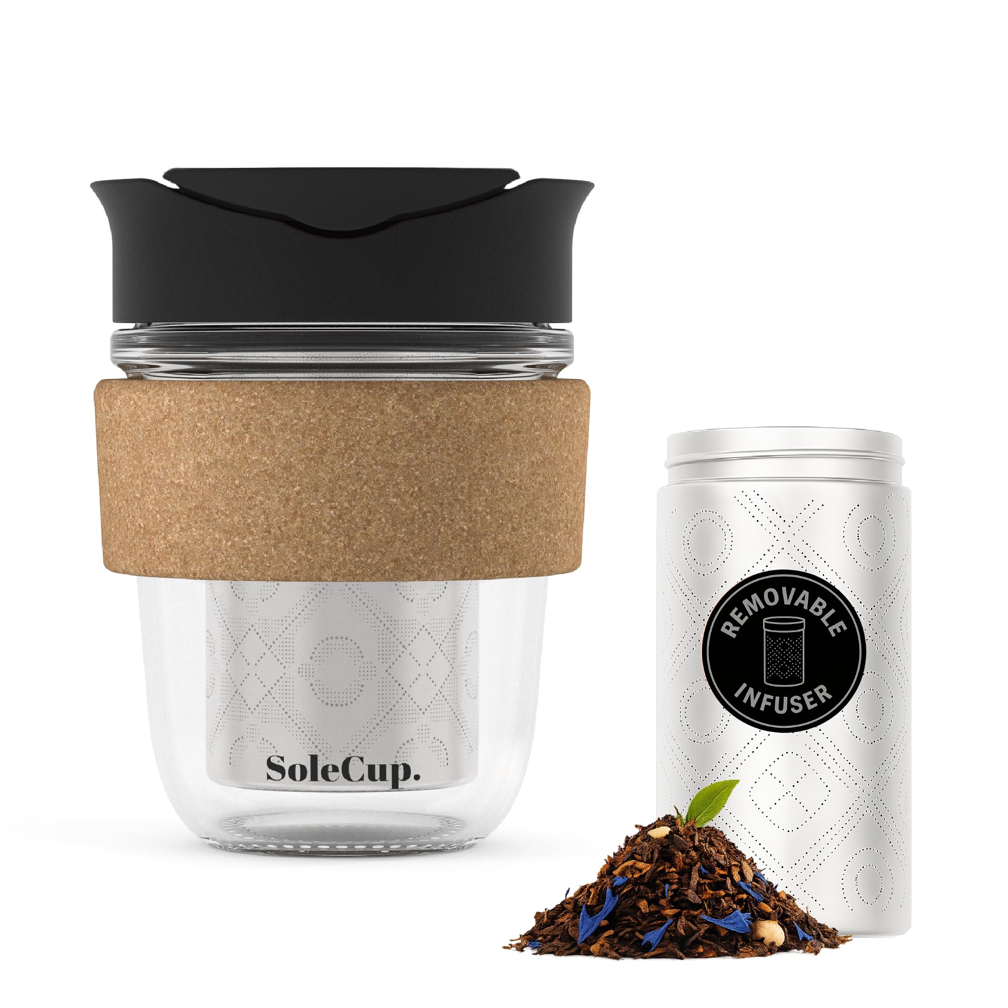 SoleCup. Travel Mug Loose Tea Infuser - Detachable Tea Strainer with Spillproof Lid - BPA-Free Reusable Glass Travel Coffee Cup with Cork Band (Black, 340ml / 12oz)