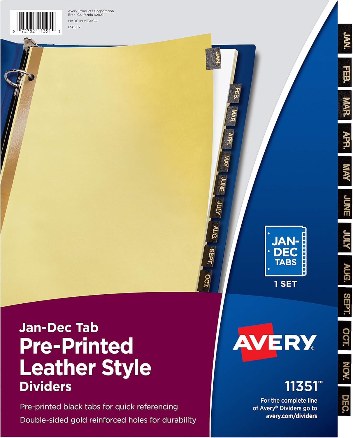 Avery Jan-Dec Tab Binder Dividers, Pre-Printed Black Leather Style Tabs, 12-Tab, 1 Set (11351)