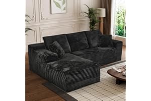 HYJT-H&K Modular Sectional Sofa Cloud Sectional Couch, 107" Comfy Fluffy L Shaped Black Couches for Living Room, Deep Seat Memory Foam Plush Corduroy Boneless Couch Sectionals with Left Facing Chaise Sofa