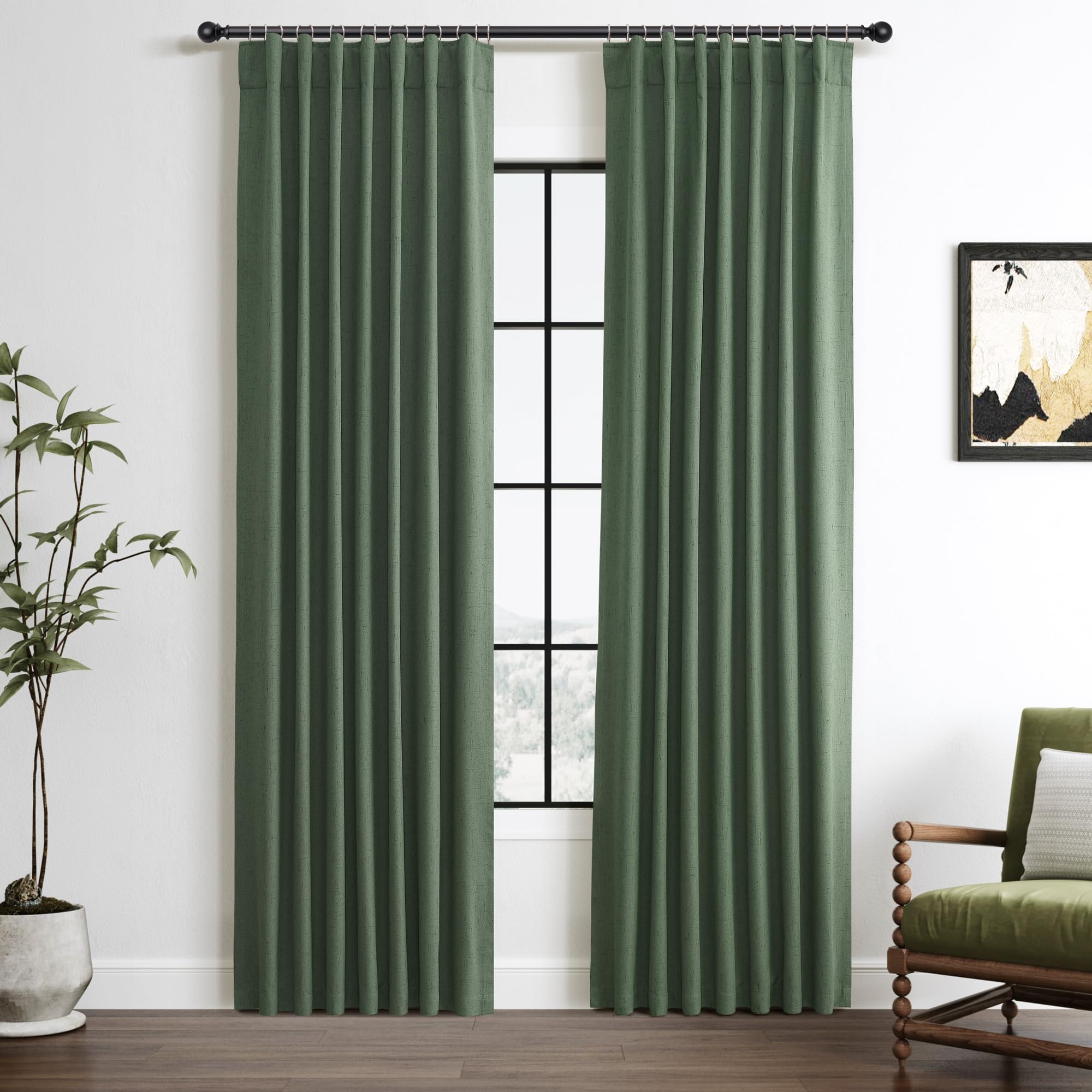 Photo 1 of 80 Inch Blackout Curtains 2 Panels Set Olive Green Faux Linen Curtains for Bedroom Black Out Heavy Thick Insulated Linen Curtain Window Drapes for Cabin Kitchen 6ft Length Back Tab Loden 52x80