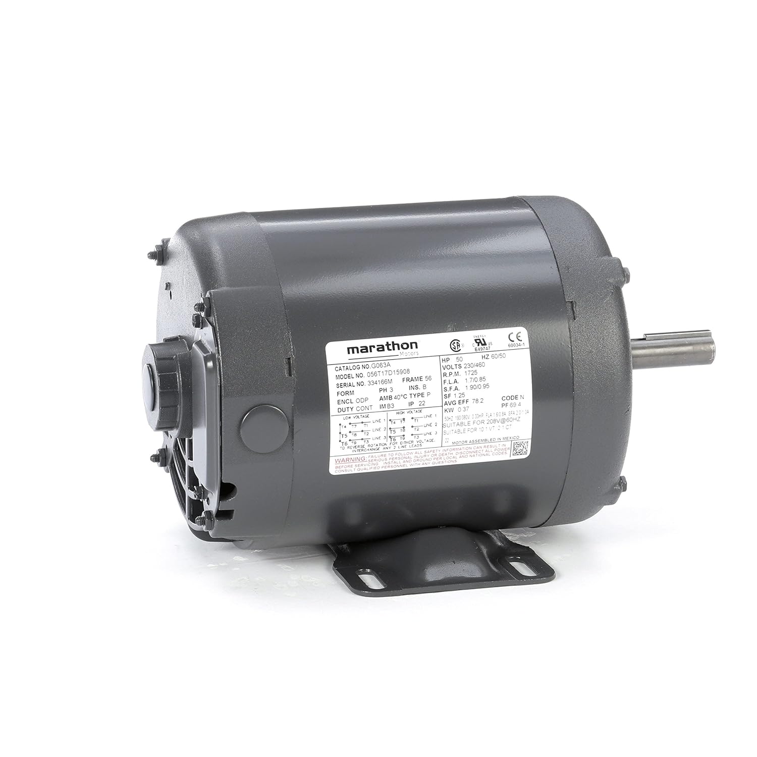 Marathon G063 General Purpose Motor, 1/2 hp, 1800 RPM, 208230/460V, 2.
