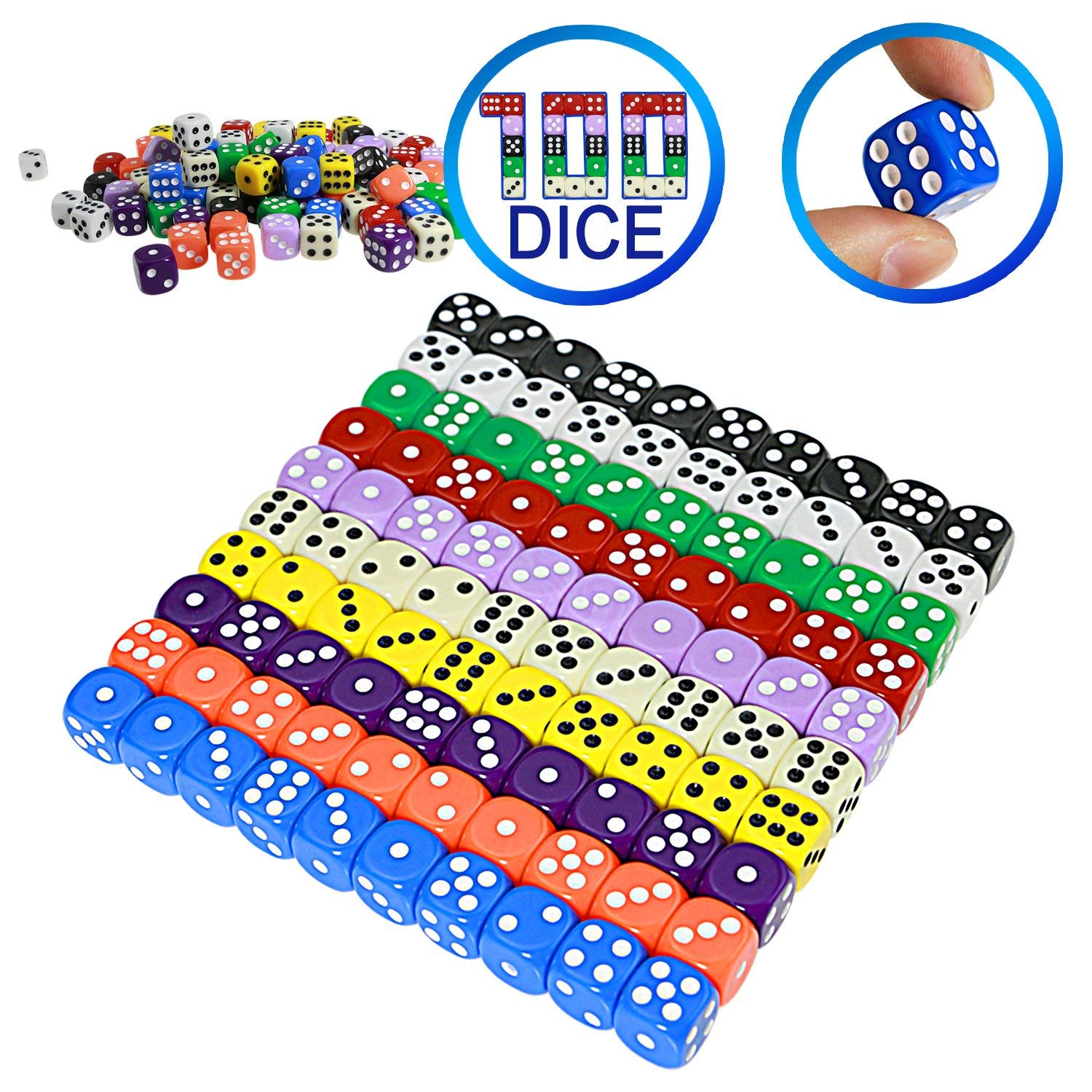 YOUSHARES 100pcs Dice Set for Dice Games - 10 Colors, 16mm 6 Sided with A Velvet Bag, Board & Tenzi Games and Other Casino Games