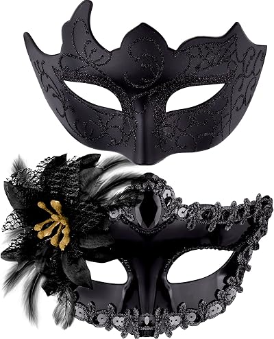 SIQUK Couple Masquerade Masks Black Plastic Venetian Rhinestone Party Halloween
