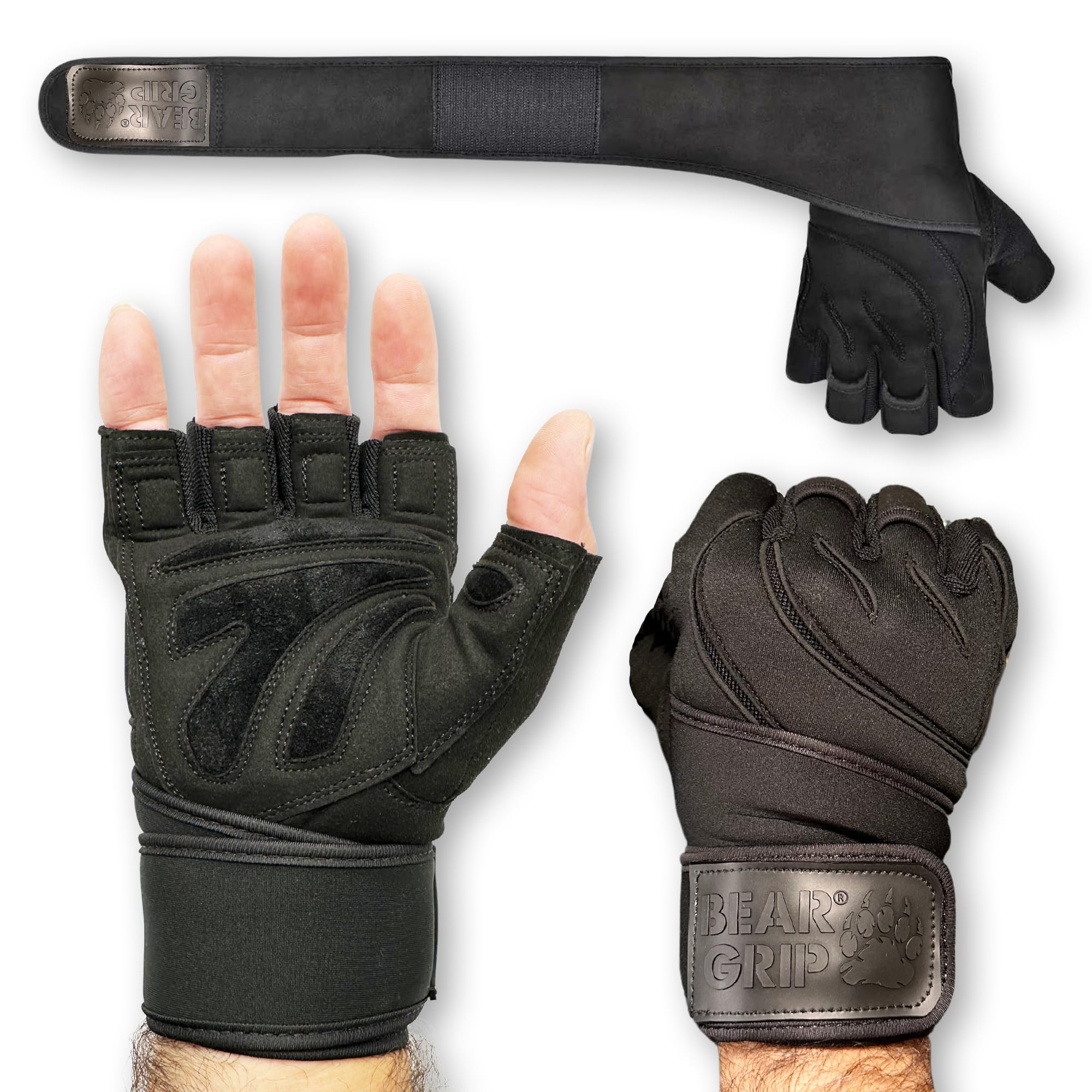BEAR GRIP - weight lifting gloves with wrist support wraps (Large)