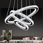 Buccleuch Modern Crystal Chandelier, Dimmable LED Pendant Light Fixture 3-Ring Adjustable Stainless Steel Ceiling Light, Silv