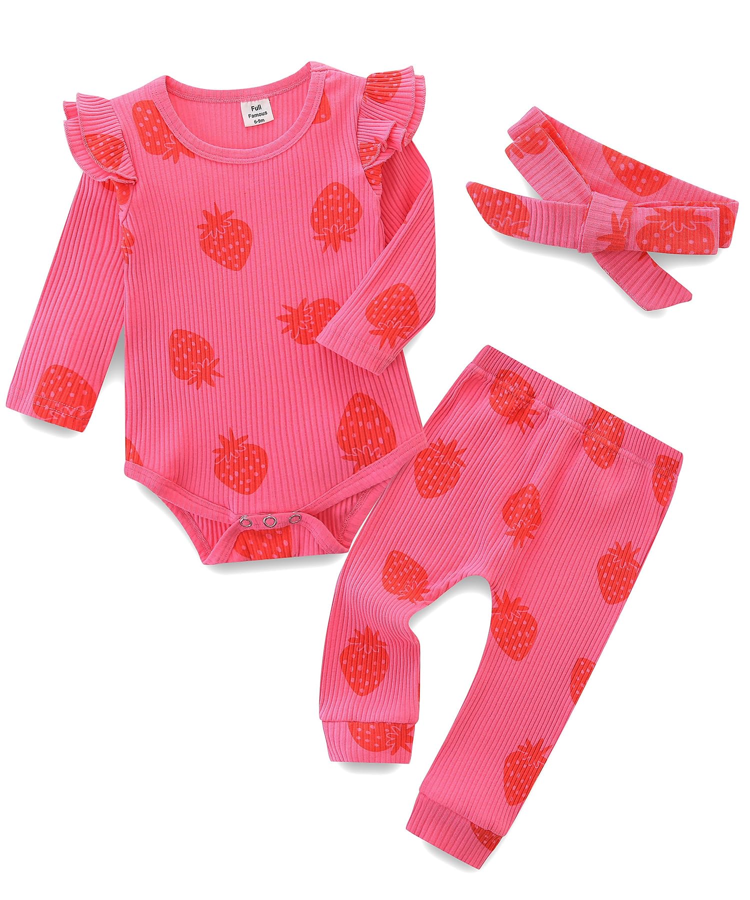 Photo 1 of *UNKNOWN SIZE//MISSING HEADBAND* Newborn Infant Baby Girl Fall Winter Clothes Long Sleeve Onesie Clothing Pant Set Outfits Gifts Newborn Pink Strawberry
