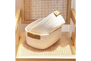 SOORXIEIN 1 Pack Cotton Woven Basket with PU Leather Handle, Medium Organizer for Kids Clothes Toys Candy Birthday Gifts, Medium Storage for Living Room Bathroom, Bed for Dog Cat, Cute Decor, Beige