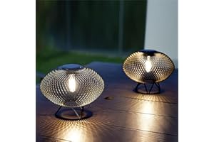 Solar Yard Set of 2 Outdoor Table Lamps with Metal Wire Shades & LED Lights, 8" Solar-Powered Modern Table Lights for Yard, Porch, Garden, or Pathway