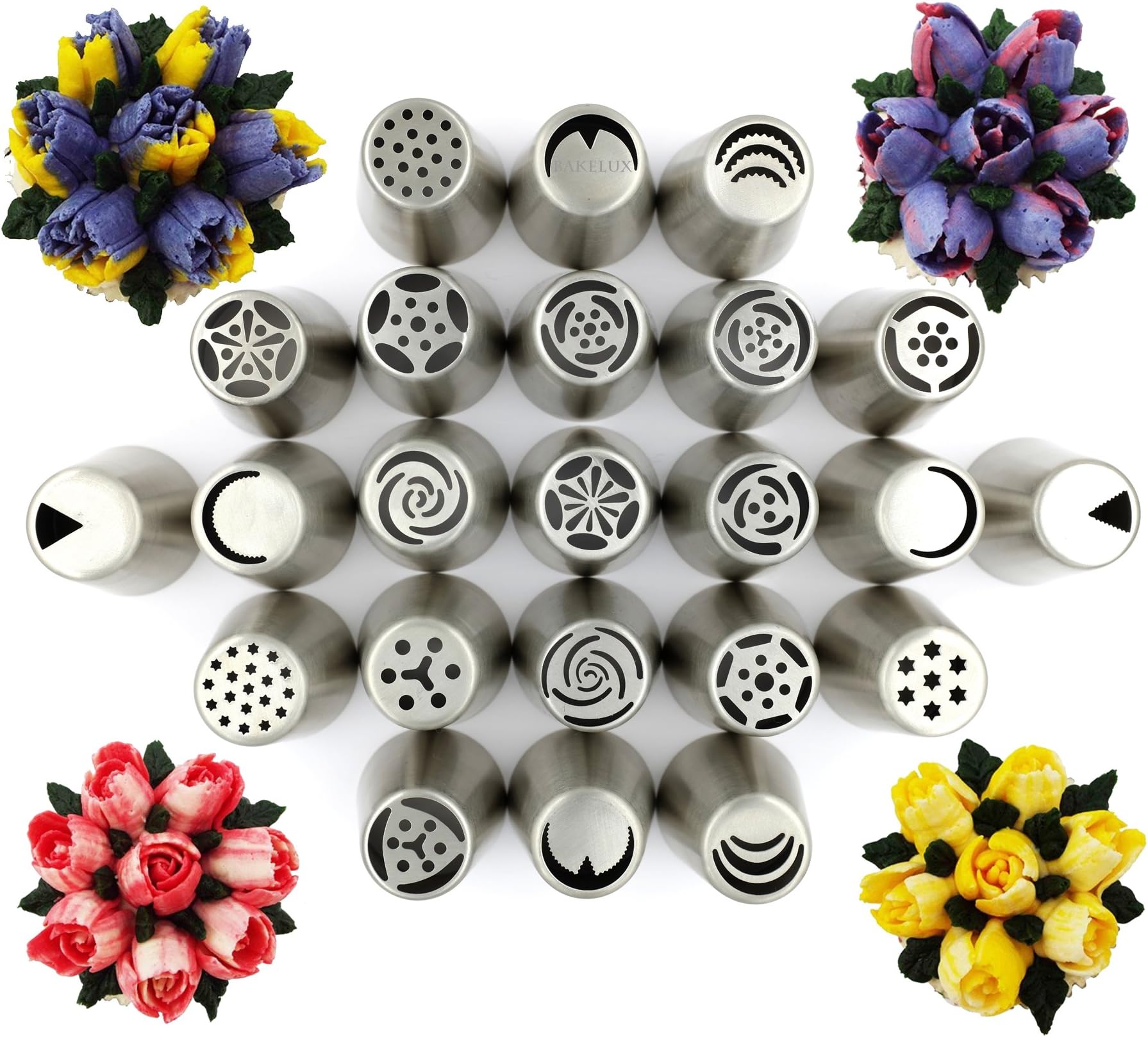 BakeLux Russian Piping Tips Tool Set - 23 Flower Icing Nozzles, Pastry Bag, Video Instructions