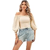 R.Vivimos Women's Summer Cotton Short Sleeves Off The Shoulder Crop Tops Ruffle Slim Blouses
