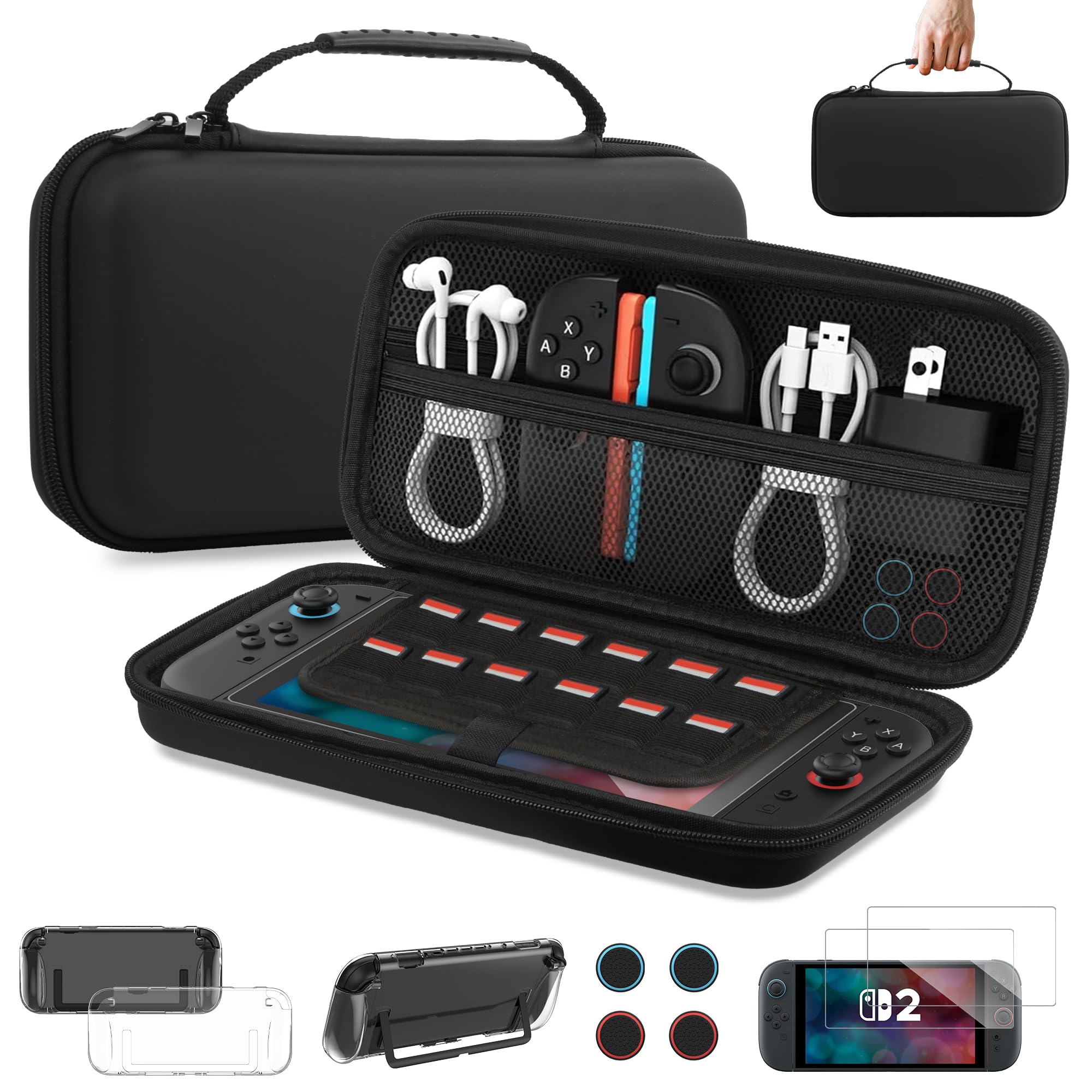 Bougraite Carrying Case for Nintendo Switch 2 2025, Dockable Protective Clear Cover, 2 Screen Protector, 4 Thumb Grips, Hard EVA Portable Travel Pouch with 12 Game Cartridges Accessories