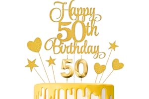 Lecferrarc 50th Birthday Cake Decorations, 50th Birthday Candles Cake Numeral Candles and Glitter Happy 50th Birthday Cake Toppers Set for Birthday Party Supplies (Gold)