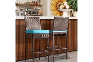 PATIO NOVAGARDEN Outdoor Patio Stools & Bar Chairs Set of 2 Wicker Woven Outdoor Bar Stools Bar Height Chairs High Back with Footrest Armless Cushion Blue All Weather Patio Seating for Garden Pool Lawn Backyard