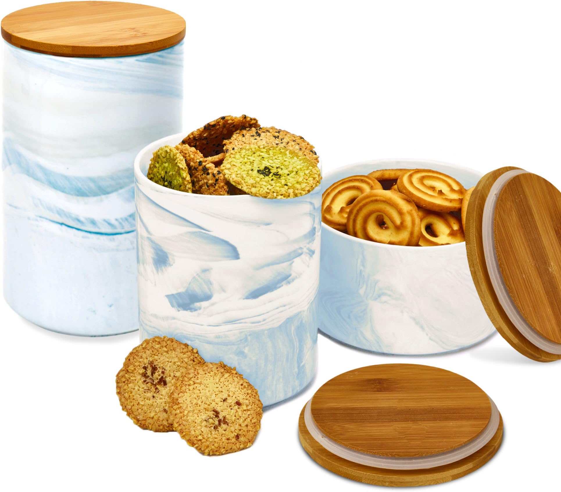 3pc Porcelain Kitchen Canister Set with Bamboo Lids - Sky Blue Marble Containers with Airtight Seal – Sugar, Coffee, Flour or Food Storage Jar - by Marbelous