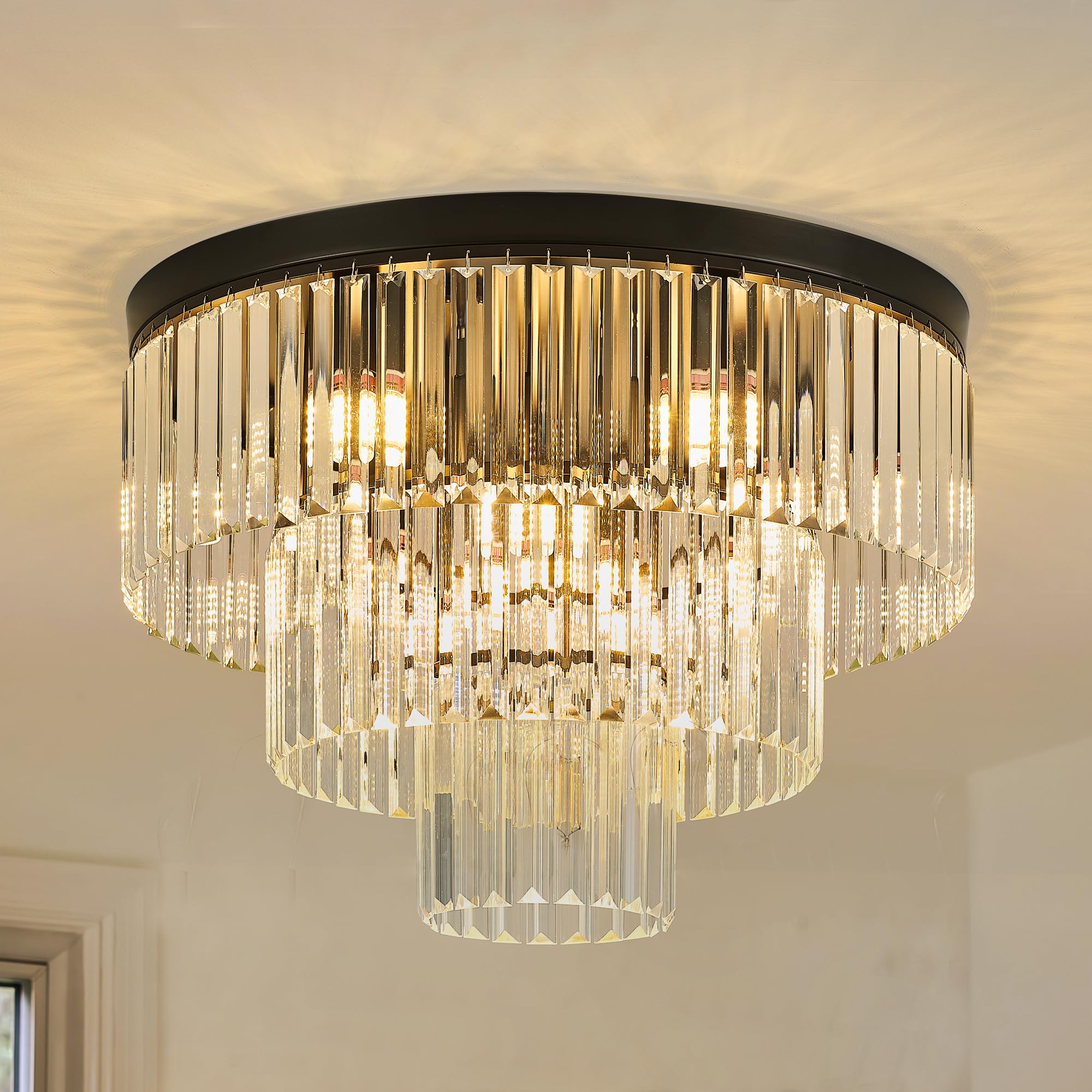 Faibra 21.65" Black Crystal Ceiling Light 10-Light Modern Crystal Ceiling Light Fixture 3-Tier Luxur
