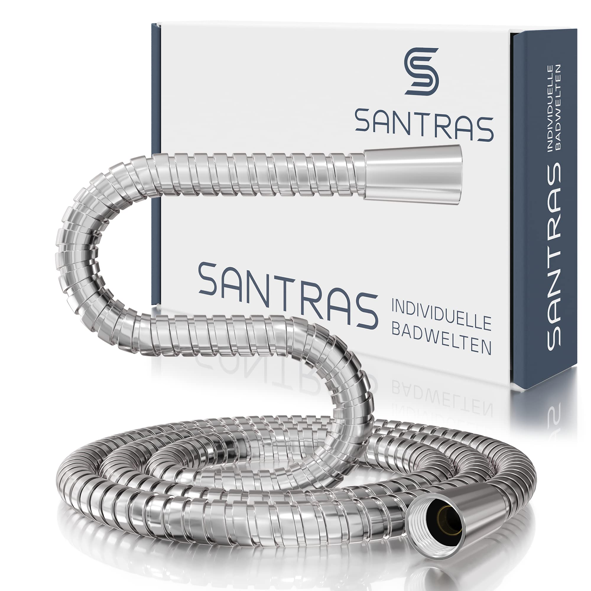 SANTRAS® Metal Shower Hose Deluxe 1.60 m Long with Water Saver in Chrome - Particularly Flexible and Non-Twisting Shower Hose with Flow Limiter