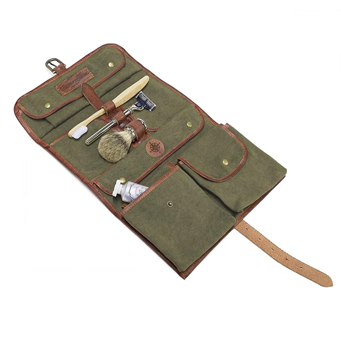 DRAKENSBERG Kimberley Wash Bag, Kulturbeutel, Waschtasche, Kulturtasche, Outdoor, Leder, Canvas, Safarilook, grün, oliv, brau