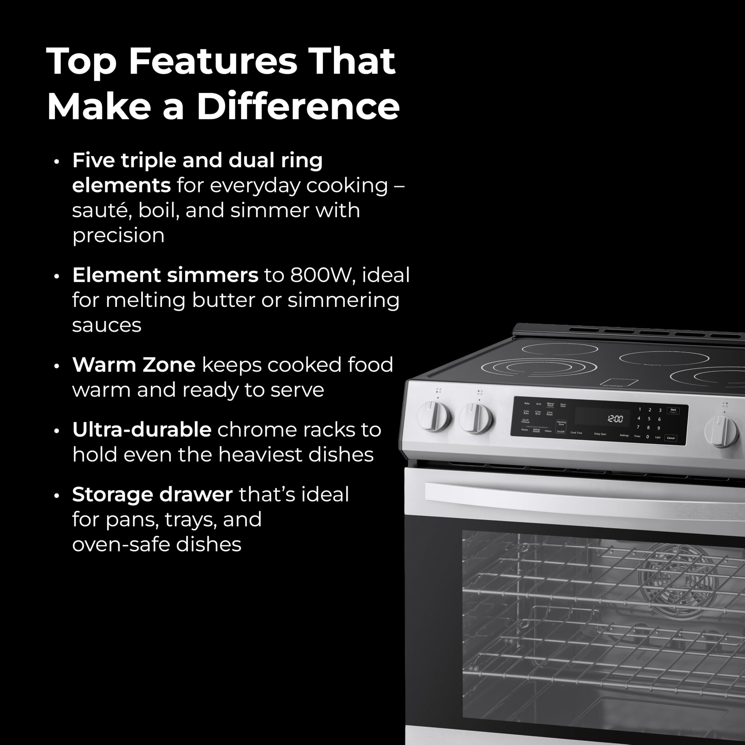 Kenmore 2296833 5.6 cu. ft. Front Control Electric Range Oven - True Convection with 5 Elements, Steam Clean Oven, Broil Function, Chrome Racks, Precision Set Controls, Large Window - Stainless Steel