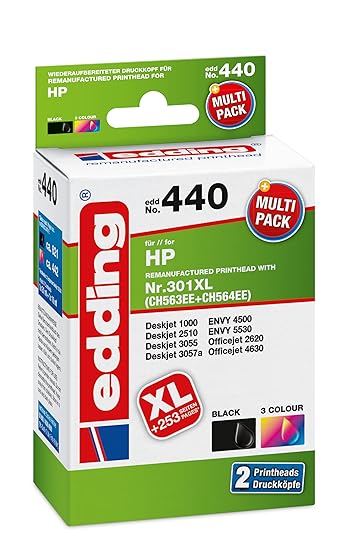 edding Tintenpatrone EDD-440 ersetzt HP 301XL/301XL (CH563EE/CH564EE) Multipack 2 - Schwarz + 3-Farbig - 1x 21ml + 1x 16ml
