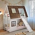 Bellemave Bunk Bed Twin Over Twin, Bunk Bed with Climbing Ramp and Stairs, House Bunk Bed with roof, Twin bunk Bed for Kids, Teens, Kids bunk beds, White+Brown