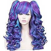 ColorGround Long Curly Cosplay Wig with 2 Ponytails(Blue/Purple)